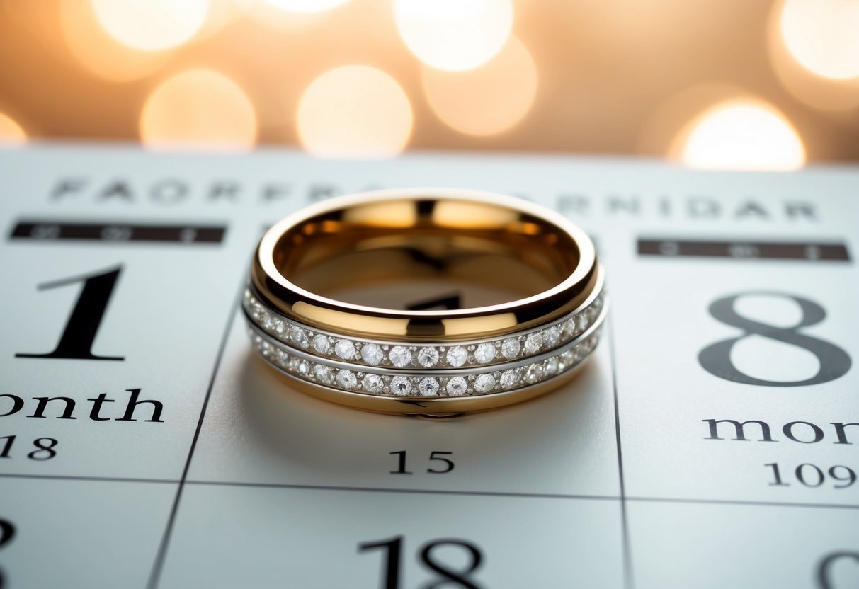 A ring sitting on a calendar, with 18 months crossed out