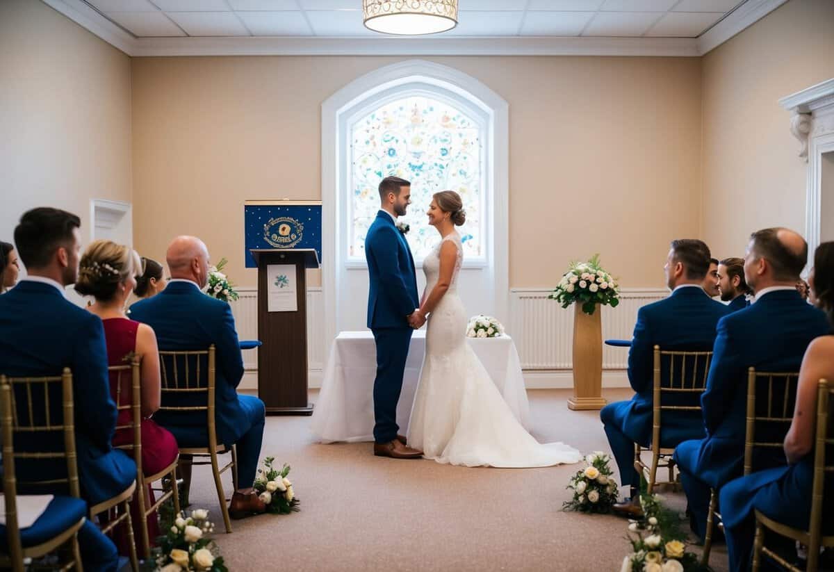 A couple stands facing each other at a registry office, with a table and chairs set up for the ceremony. A small podium and a decorative backdrop are in the background