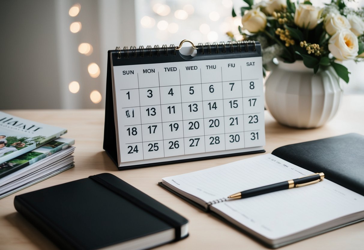 A calendar with 18 months marked, surrounded by wedding magazines, a notebook, and a pen