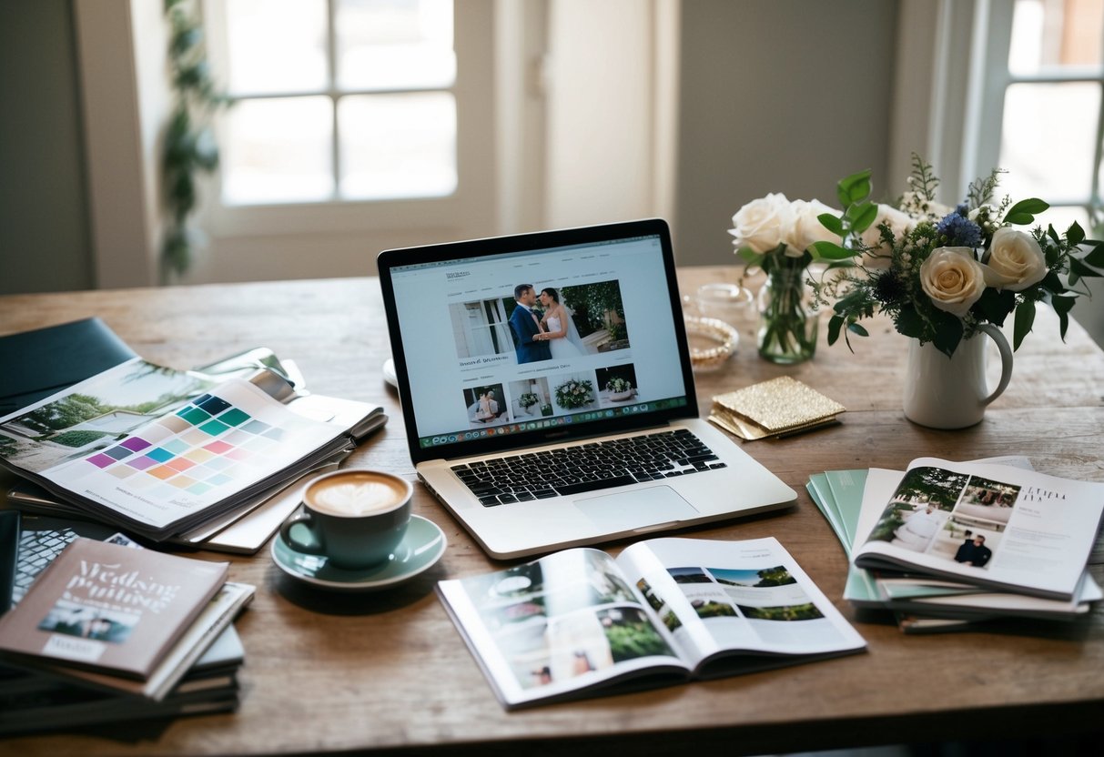 A cluttered desk with wedding magazines, swatches, and a laptop open to a wedding planning website. A cup of coffee sits nearby