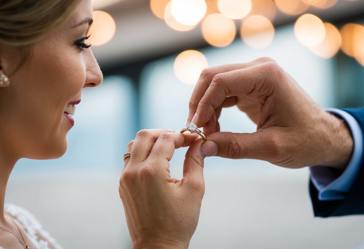 A man placing a wedding ring on a woman's finger