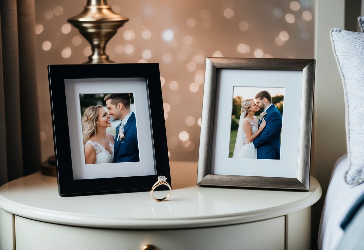 A ring placed on a bedside table next to a framed photo of a couple