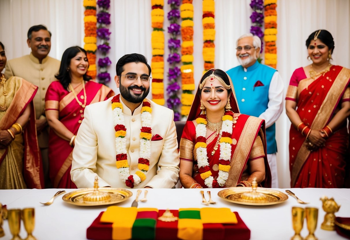 A middle-class Indian couple sits at a table, surrounded by colorful decorations and traditional wedding symbols. Family members chat and laugh in the background