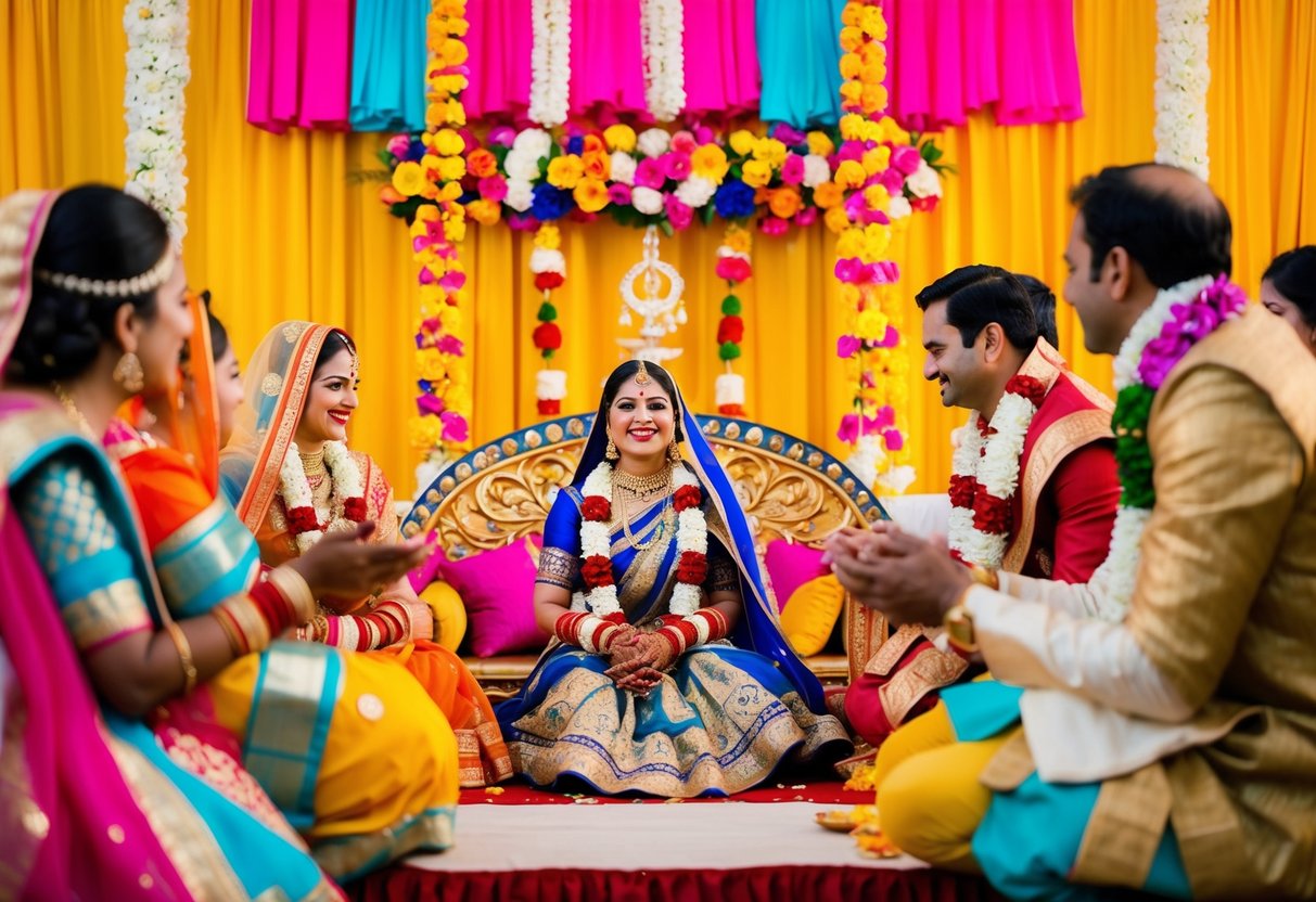 A colorful and festive Indian wedding setting with traditional decorations, flowers, and vibrant fabrics, reflecting the joyful and lively atmosphere of a middle-class marriage celebration in India