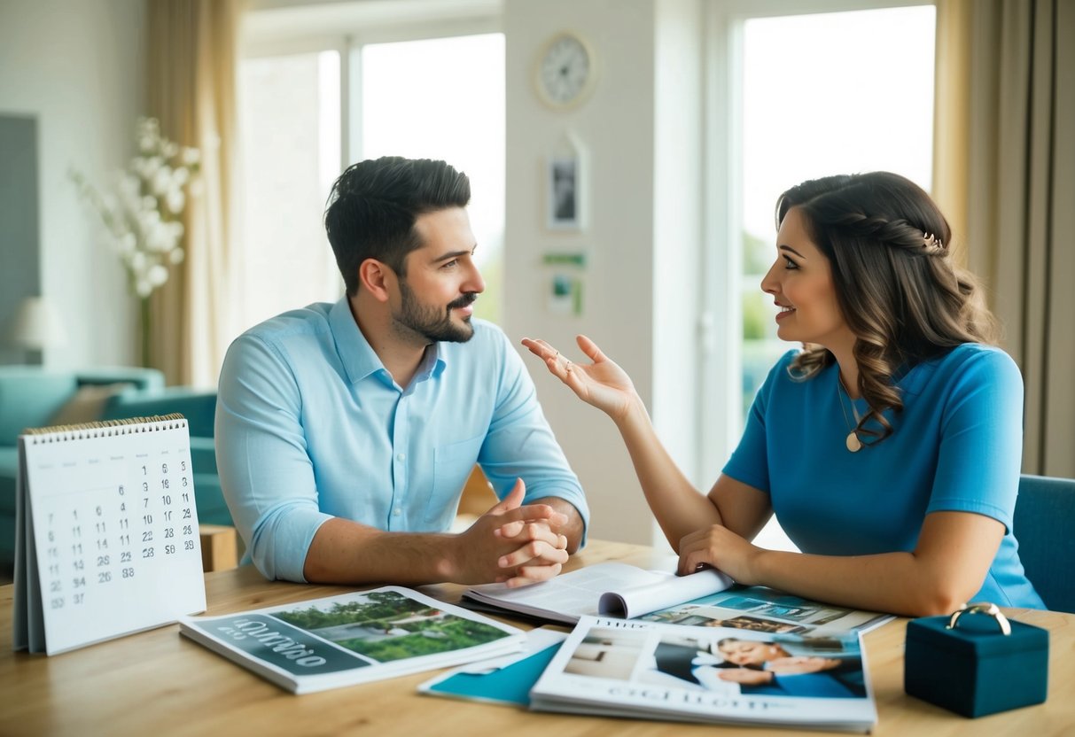 A couple discussing their future together, surrounded by a calendar, wedding magazines, and a ring box