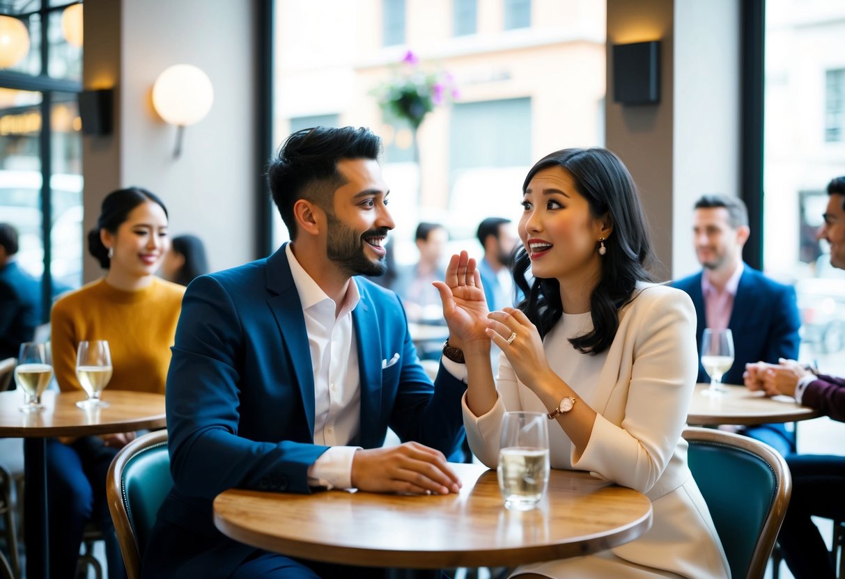 A couple sitting at a cafe, one partner holding a ring while the other looks surprised. Tables around them show couples in various stages of conversation