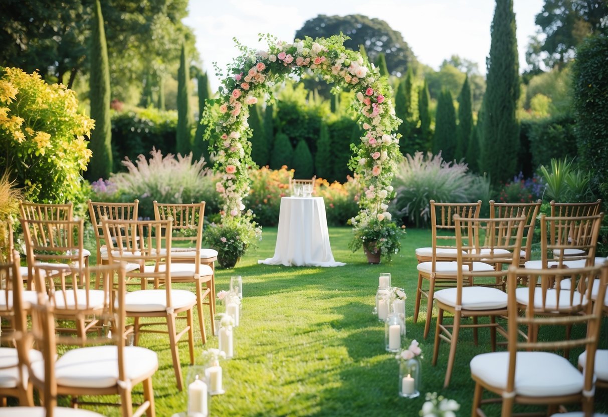 A lush garden with vibrant flowers and a decorative archway, set up for a wedding ceremony