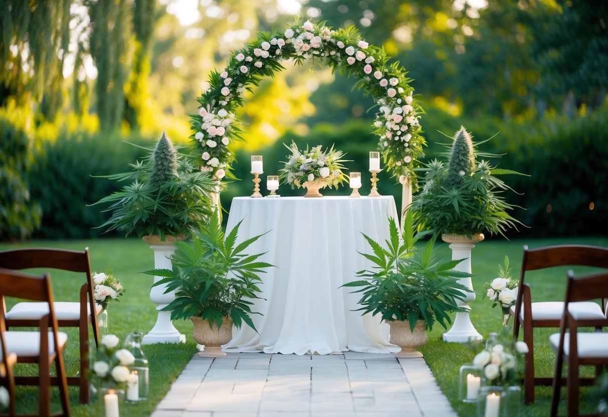 A wedding altar adorned with cannabis plants and floral arrangements in a serene garden setting
