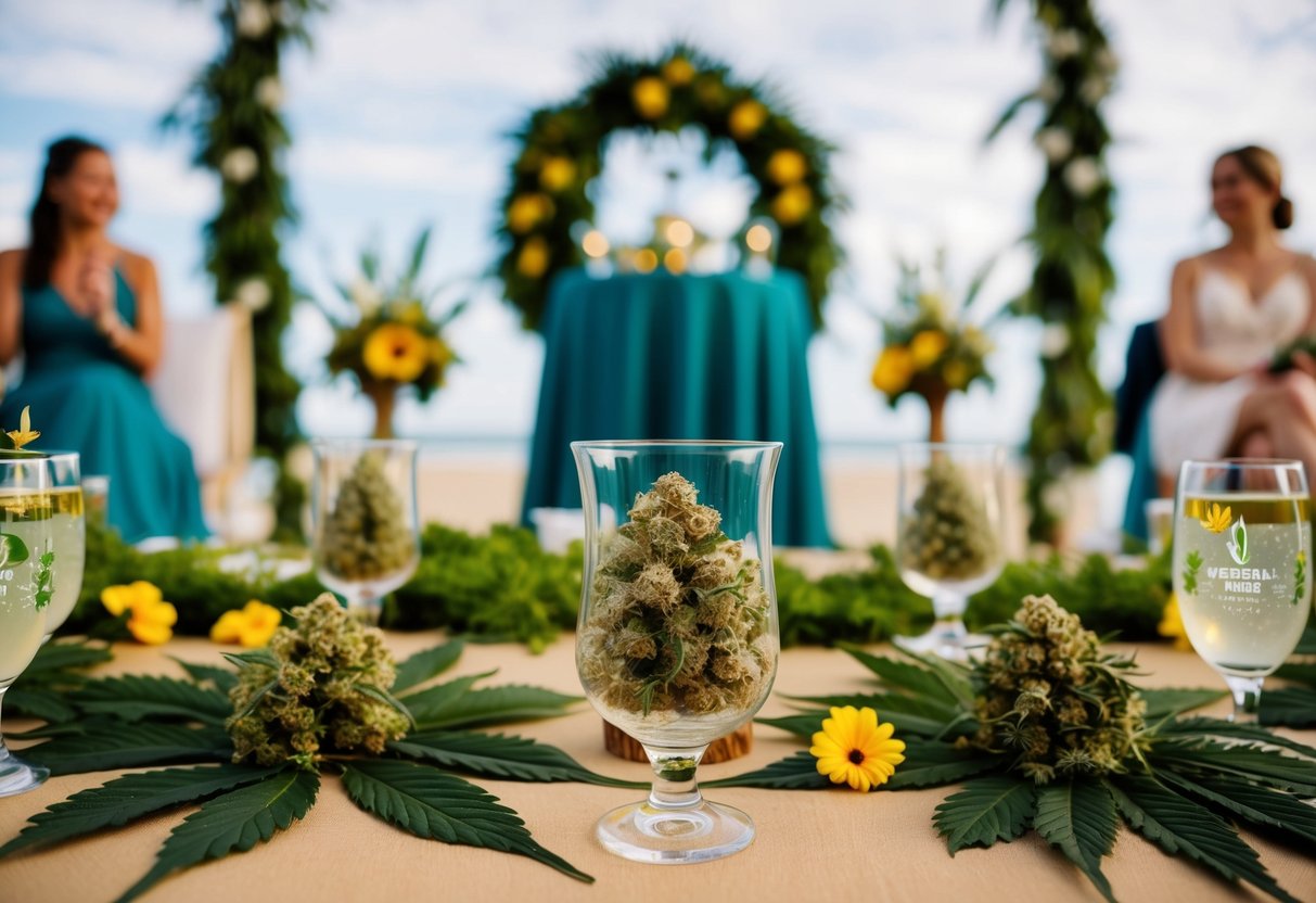 A wedding scene with cannabis-themed decorations, flower arrangements, and a relaxed, celebratory atmosphere