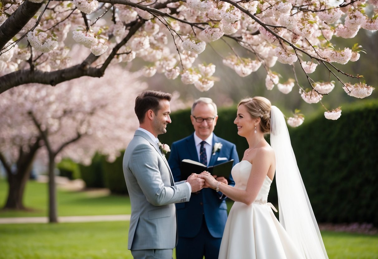 A couple standing under a blossoming cherry tree, exchanging vows in a serene garden setting