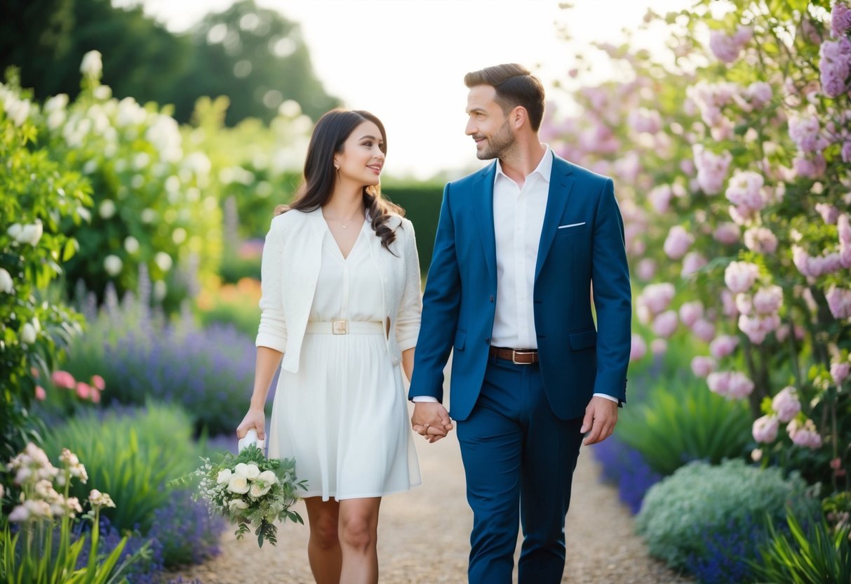 A couple walking through a garden, surrounded by blooming flowers and a serene atmosphere, discussing the ideal age for marriage