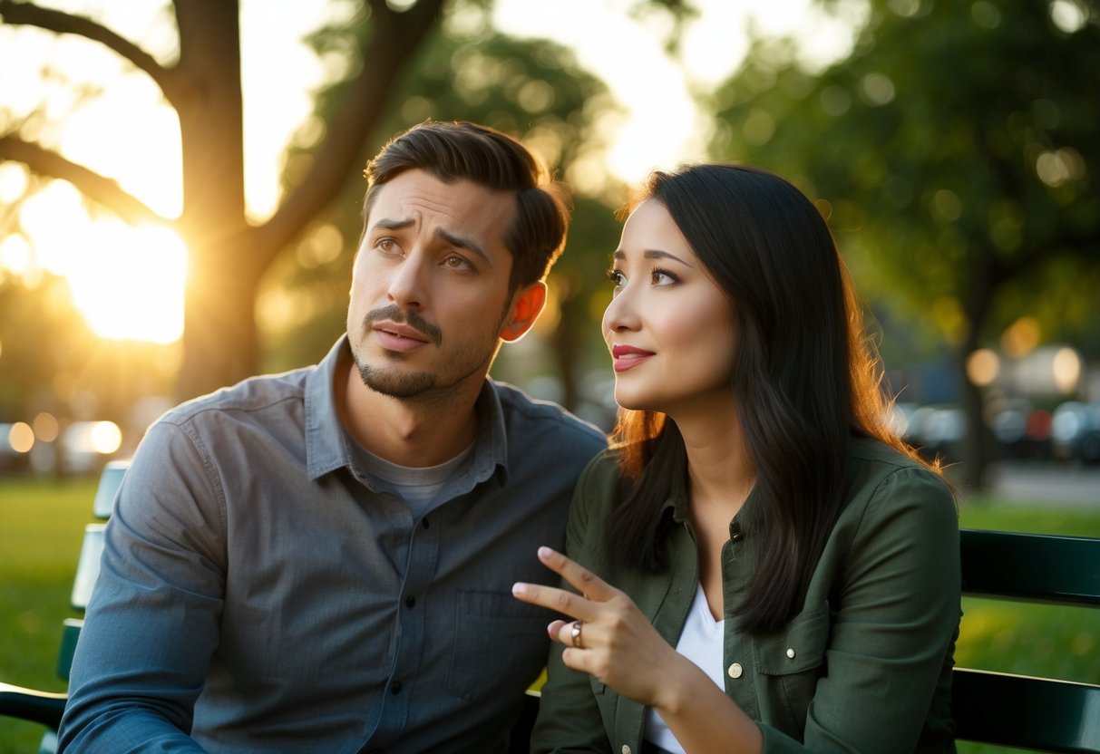 A couple sitting on a park bench, one looking concerned while the other gestures reassuringly. The setting sun casts a warm glow on their faces
