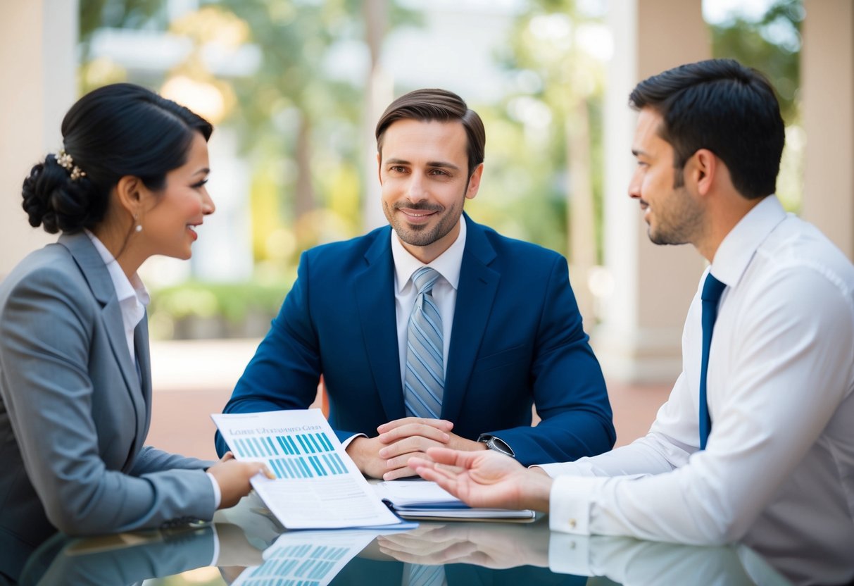 A couple sits across from a bank manager, discussing loan options for their upcoming wedding. The manager gestures towards a brochure of loan packages
