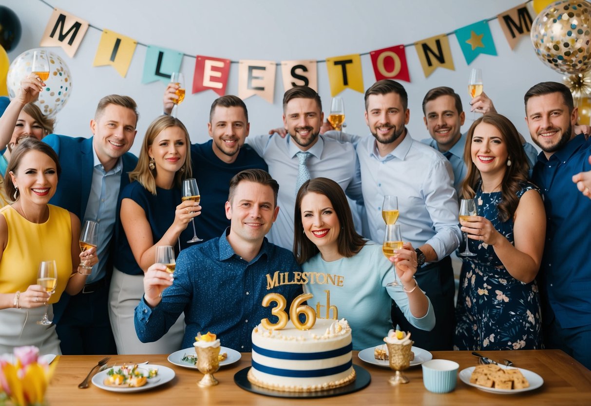 A couple celebrating their 36th birthday surrounded by friends and family, with a banner reading "Milestone Moments" in the background