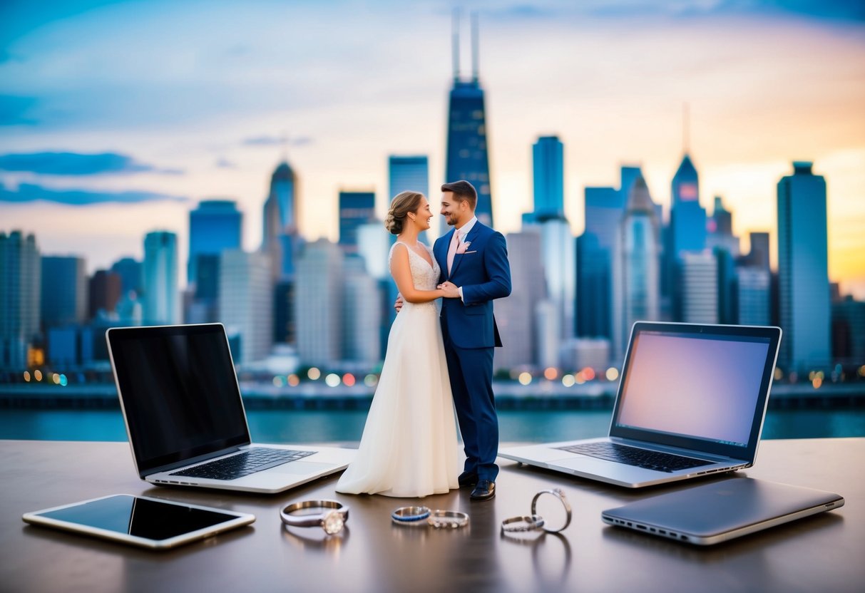 A couple standing in front of a city skyline, surrounded by symbols of modern life - smartphones, laptops, and wedding rings