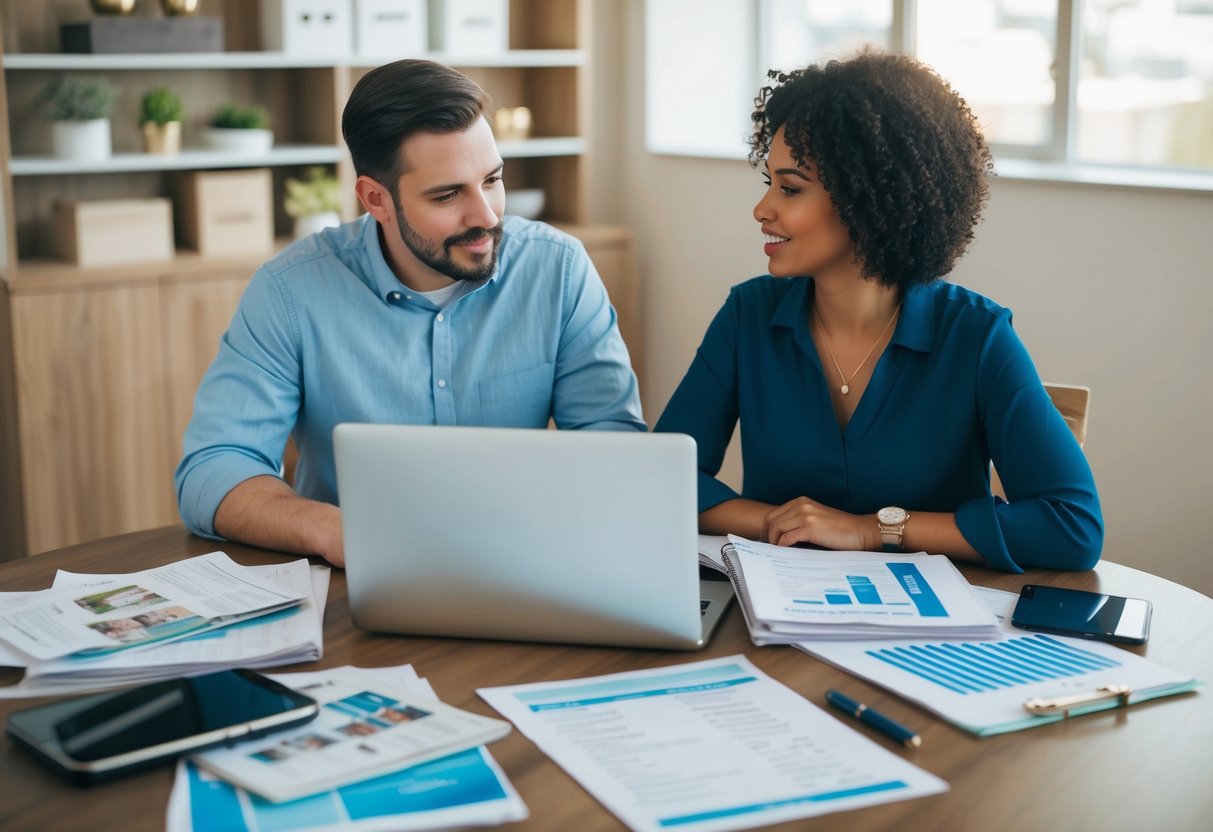 A couple sits at a table with papers and a laptop, surrounded by wedding magazines and budget spreadsheets. They are discussing loan options from different banks