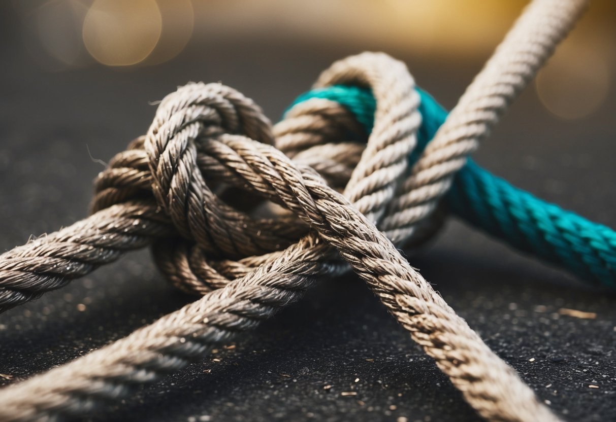 A tangled knot of two ropes, one frayed and the other smooth, wrapped around each other in a struggle