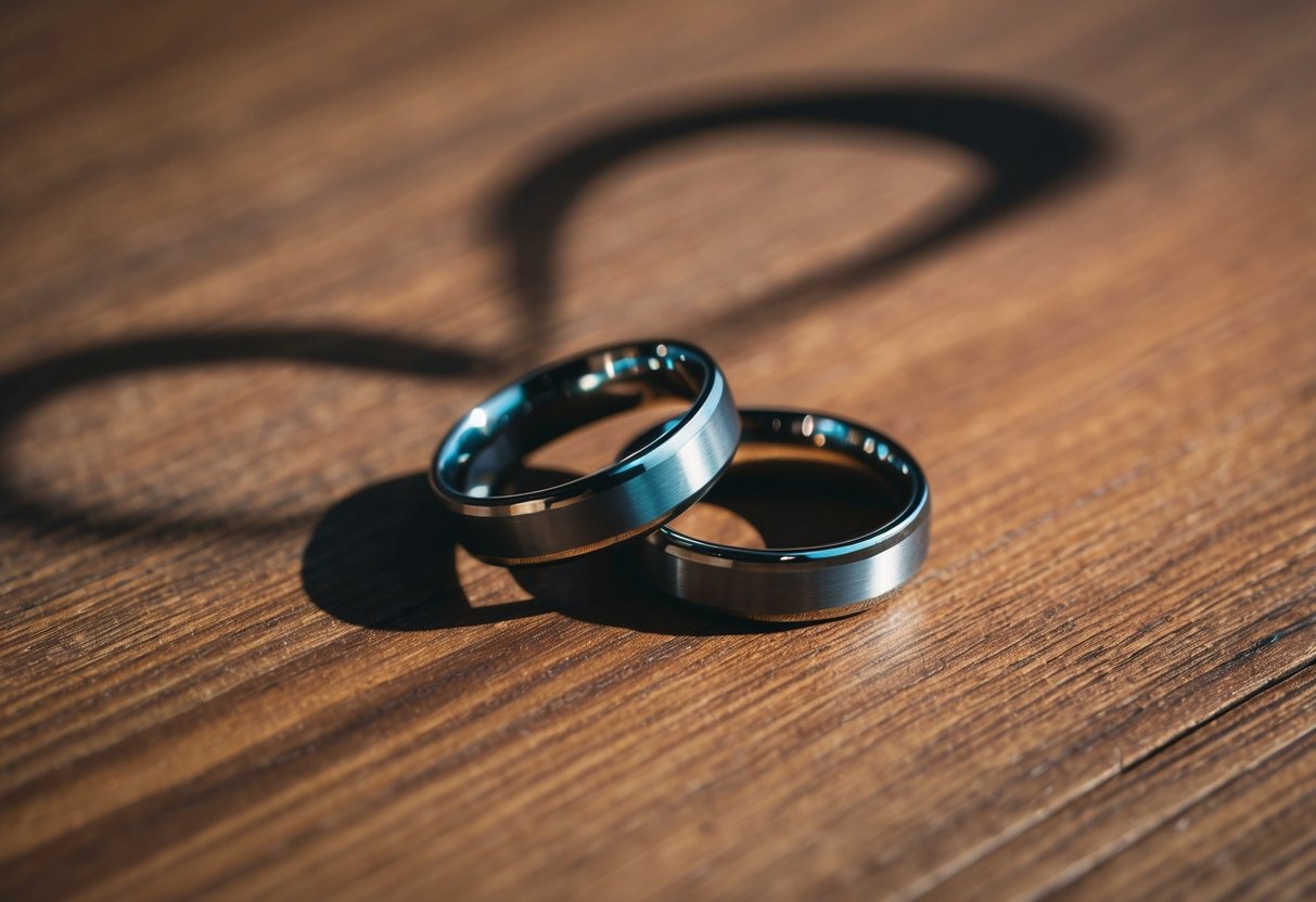 A couple's intertwined wedding rings on a wooden surface, surrounded by a heart-shaped shadow