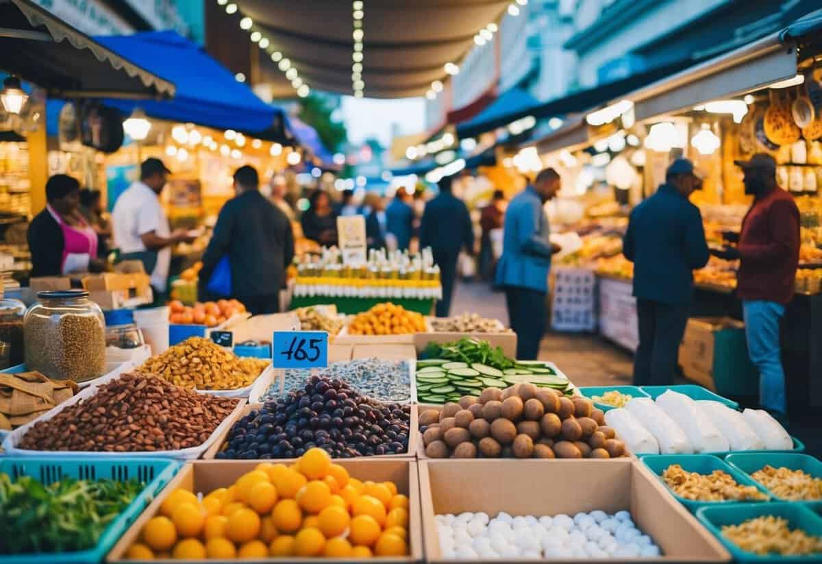 A bustling marketplace with vendors selling various goods and services, including handmade crafts, food, and entertainment