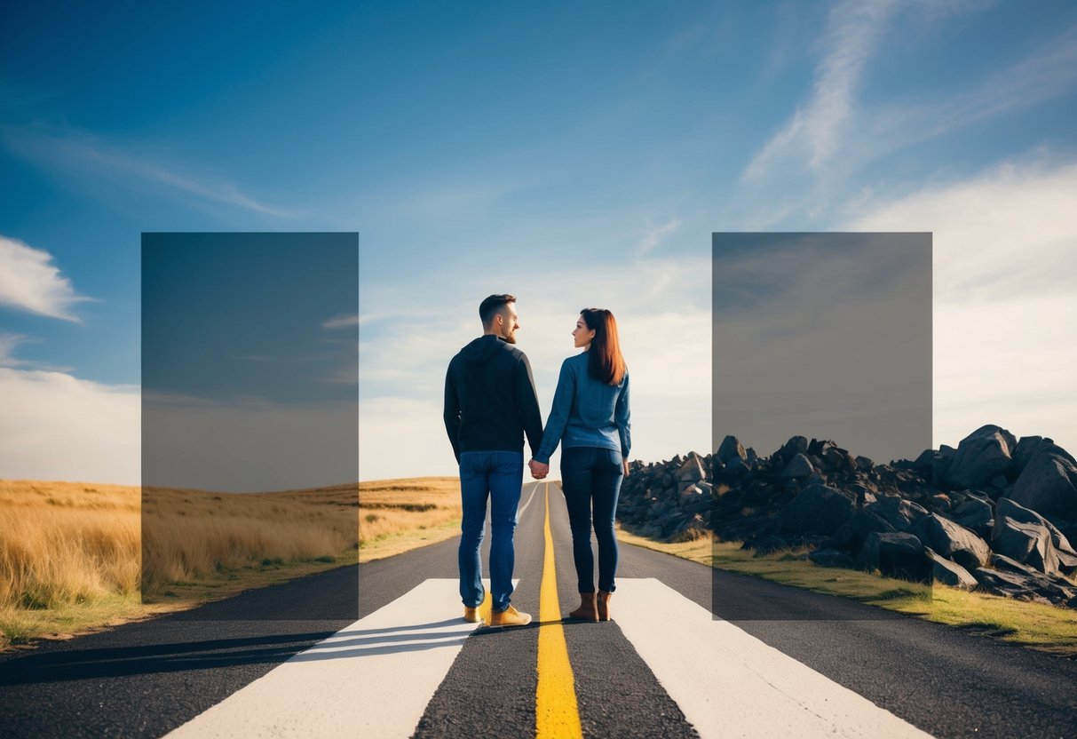 A couple standing at a crossroads, facing different paths. One path is smooth and sunny, the other is rocky and dark. They are looking at each other, uncertain but determined