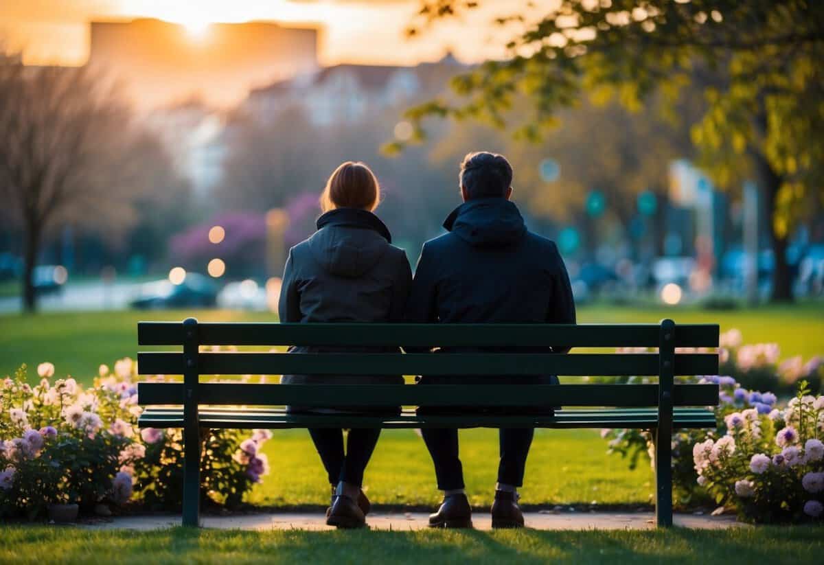 Two figures sitting on a park bench, surrounded by blooming flowers and a setting sun casting a warm glow