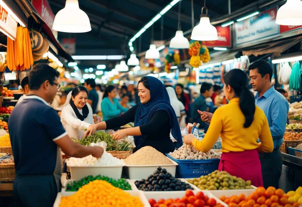 A bustling marketplace with vendors selling various goods and services, with people eagerly purchasing and negotiating prices