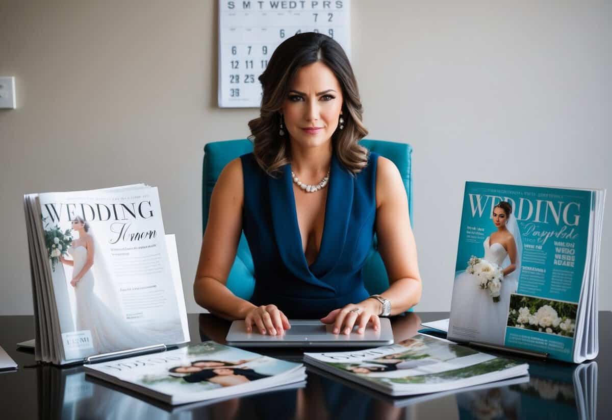 A woman sits at a desk surrounded by wedding magazines, typing on a laptop with a determined expression. A calendar on the wall shows the date of the wedding
