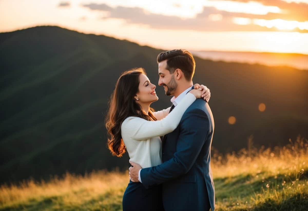 A couple standing on a hill at sunset, gazing into each other's eyes with a warm embrace