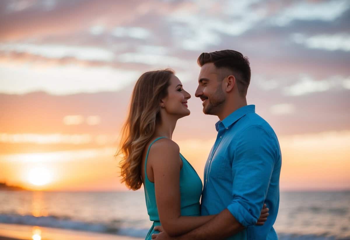 A couple standing on a beach at sunset, gazing at each other with affection