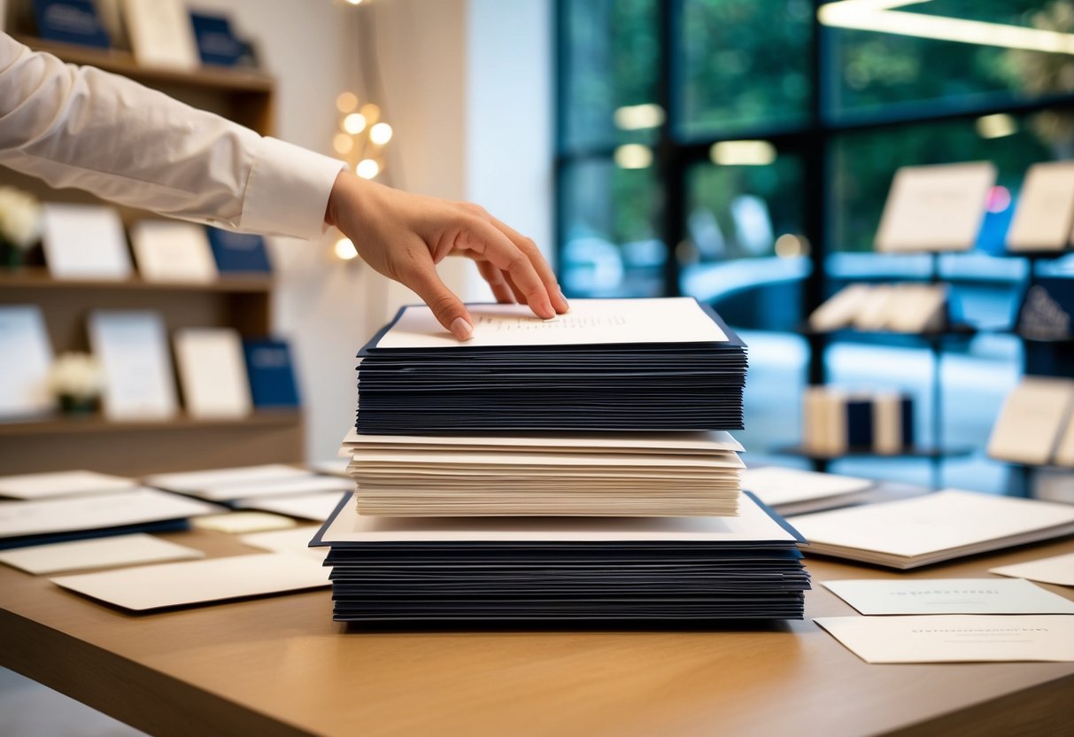 A hand reaches for a stack of elegant wedding invitations displayed on a table in a boutique stationery store