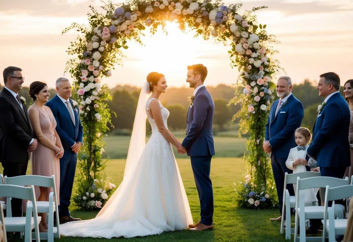 A bride and groom stand facing each other beneath a floral arch, surrounded by family and friends. The sun sets behind them, casting a warm glow over the scene