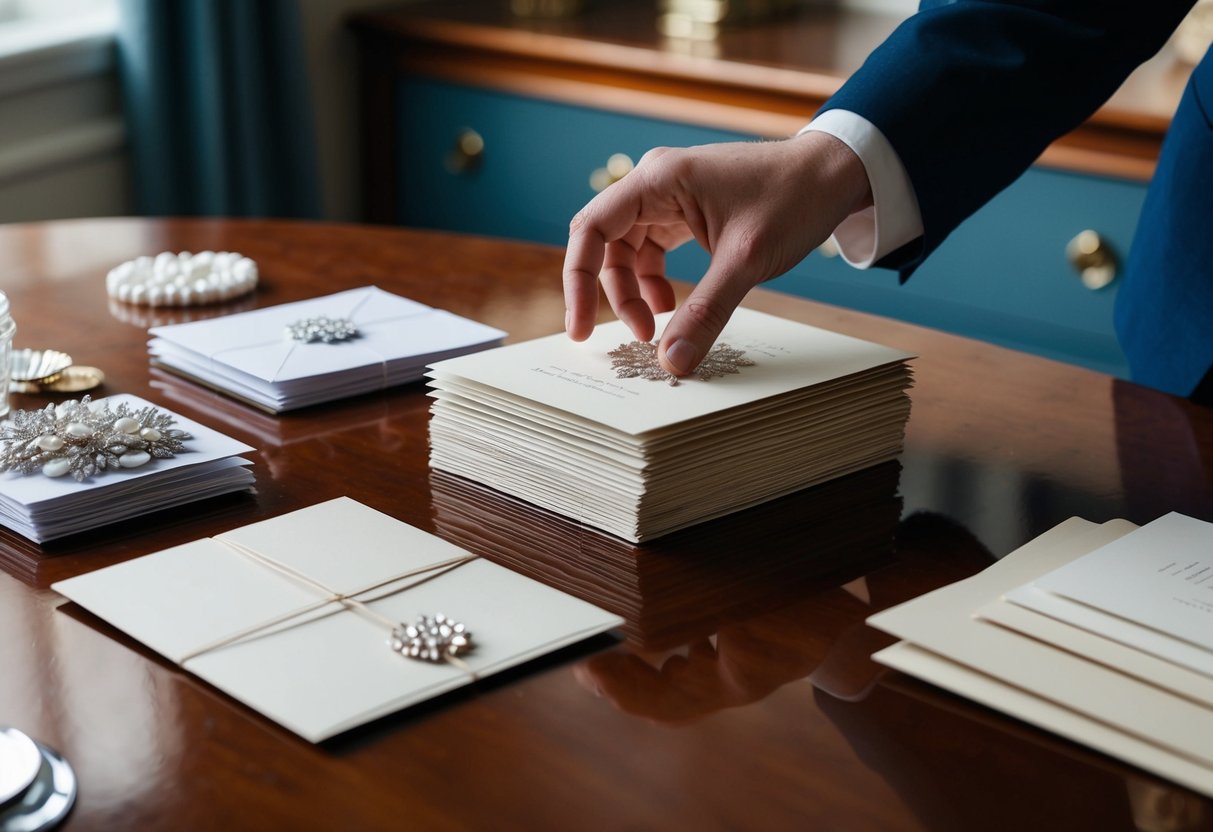 A hand reaching for a stack of elegant wedding invitations on a polished wooden table, with a variety of decorative embellishments and paper options nearby