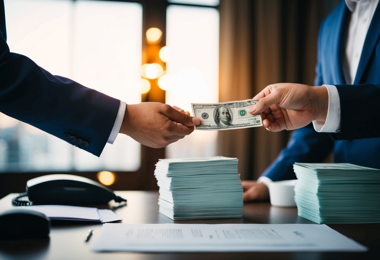 A person at a desk handing money to a vendor in exchange for a stack of wedding invitations