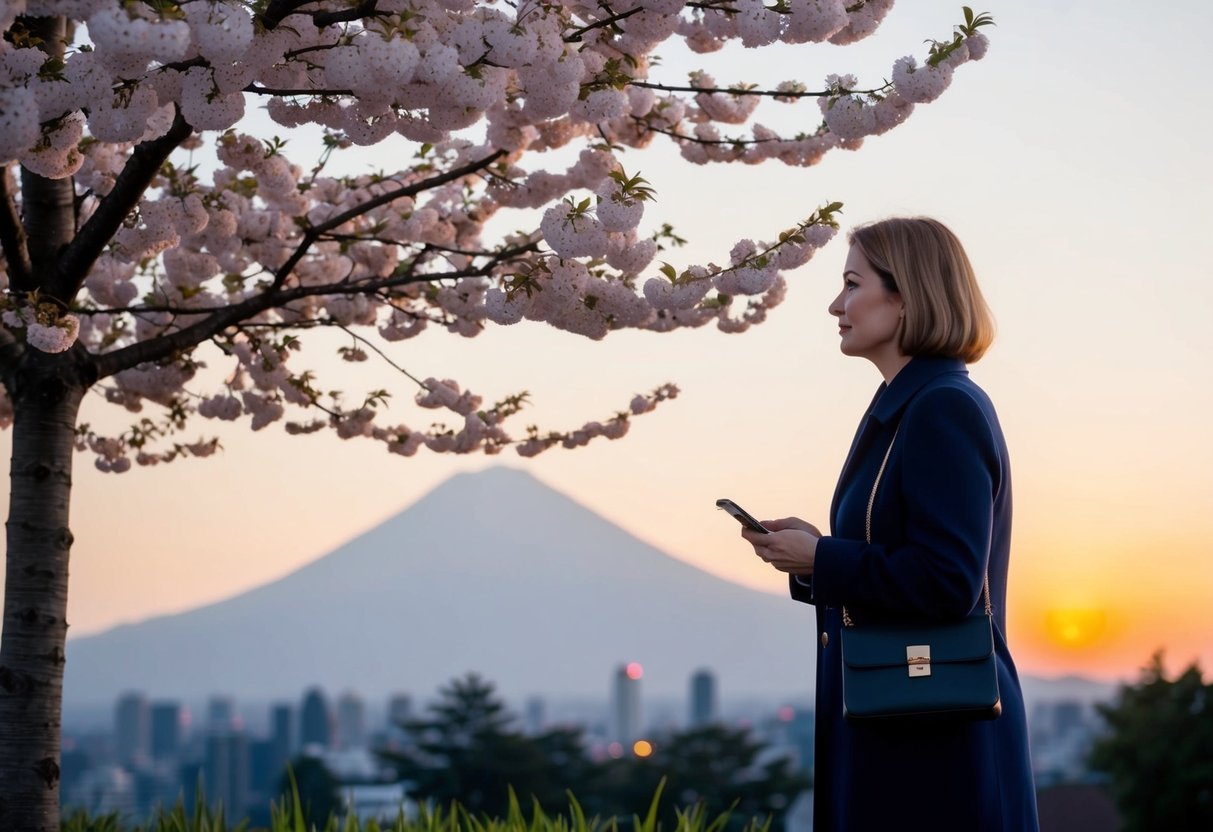 A woman waits by a blooming cherry blossom tree, the sun setting behind a mountain in the distance