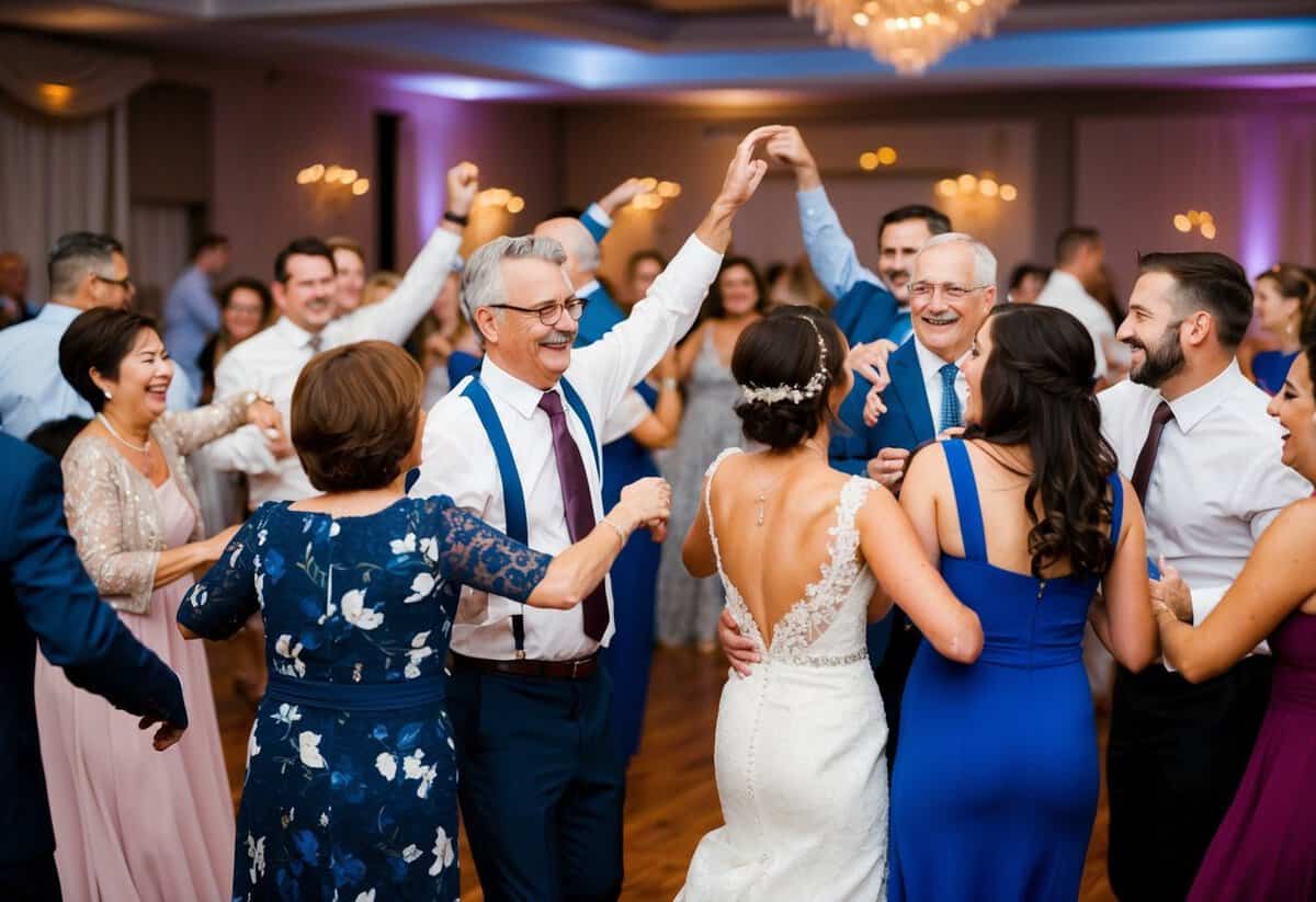 A group of people of varying ages celebrating at a wedding reception, with couples dancing and mingling. The atmosphere is joyful and festive