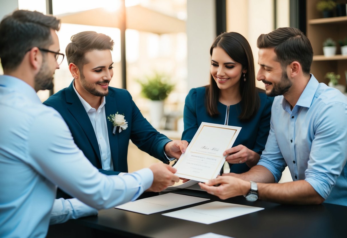 A person placing an order for wedding invitations with a production team