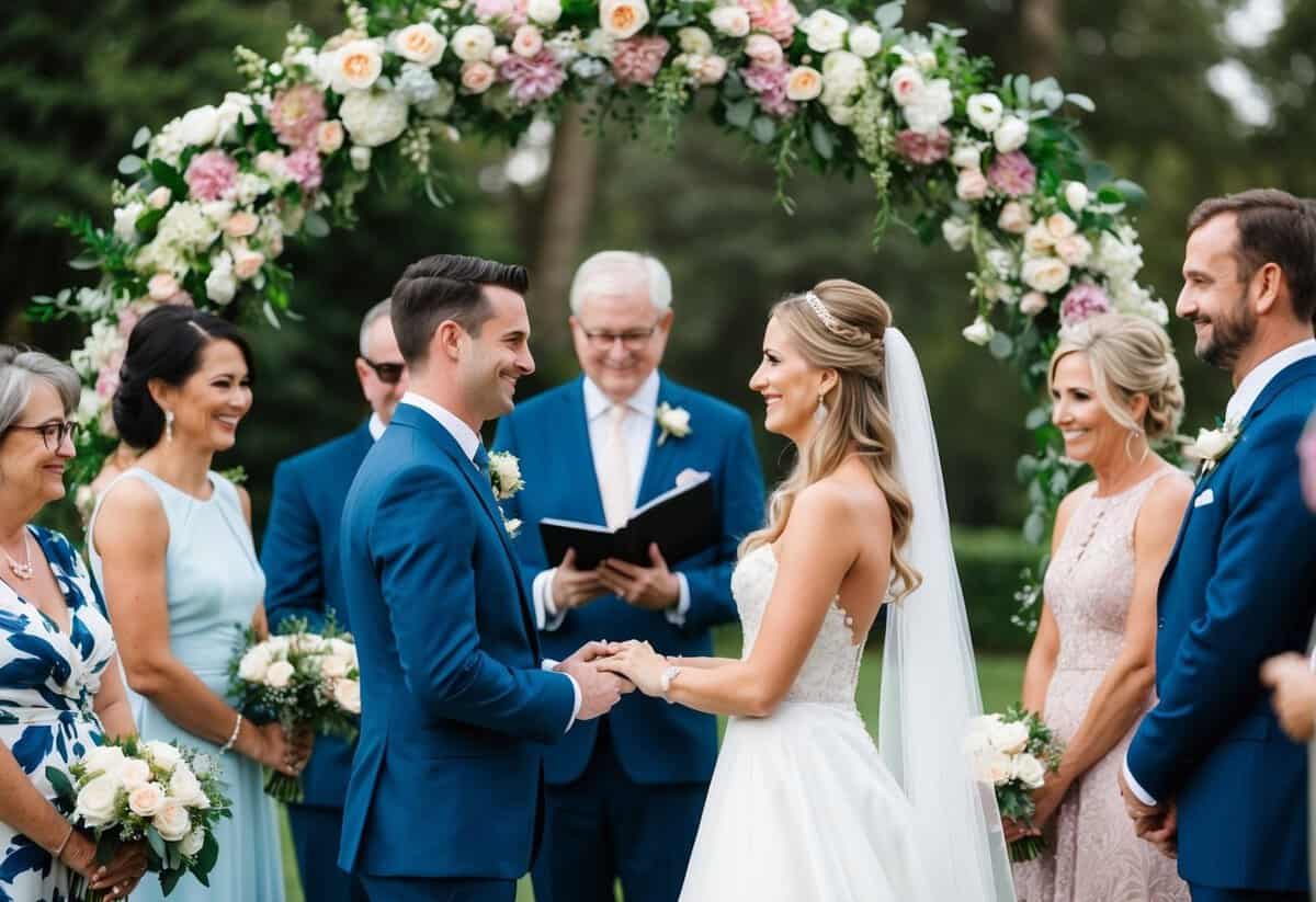 A bride and groom stand beneath a floral arch, surrounded by family and friends, exchanging vows and rings