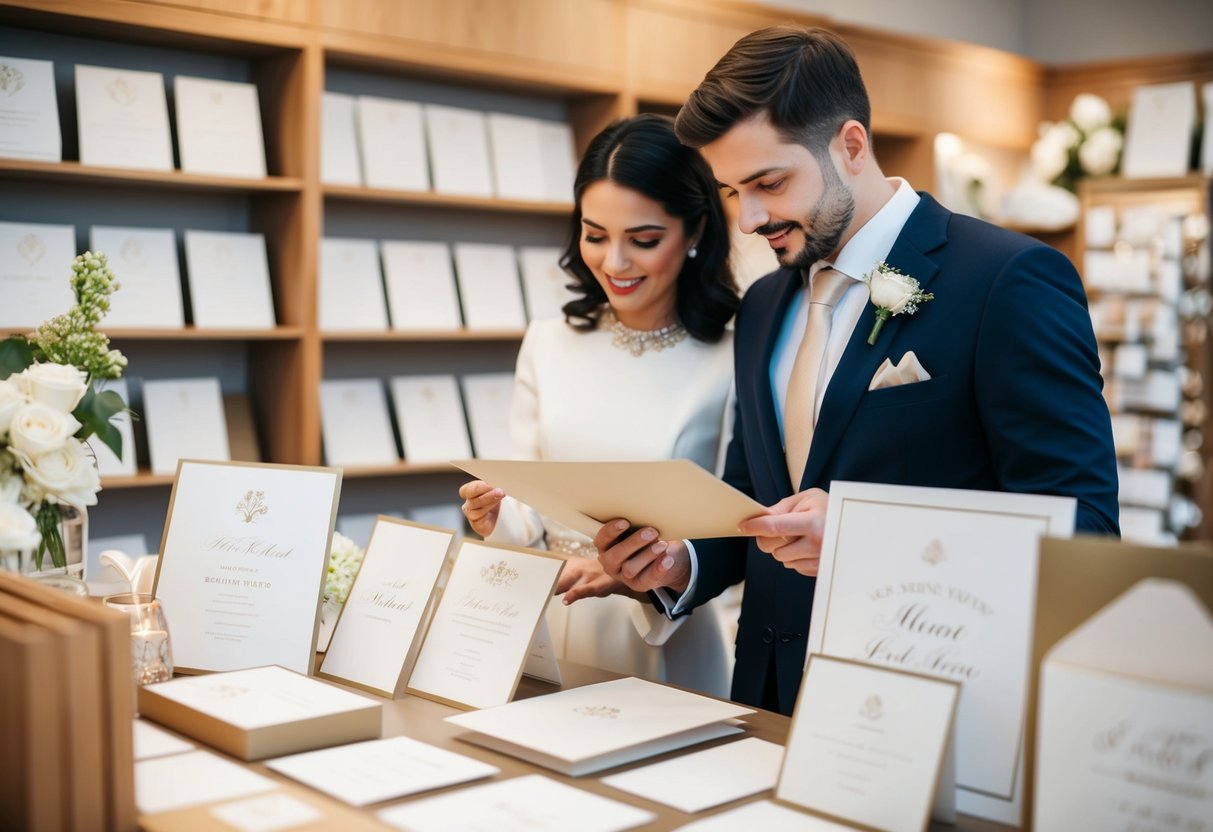 A couple browsing through a selection of elegant wedding invitations at a stationery store