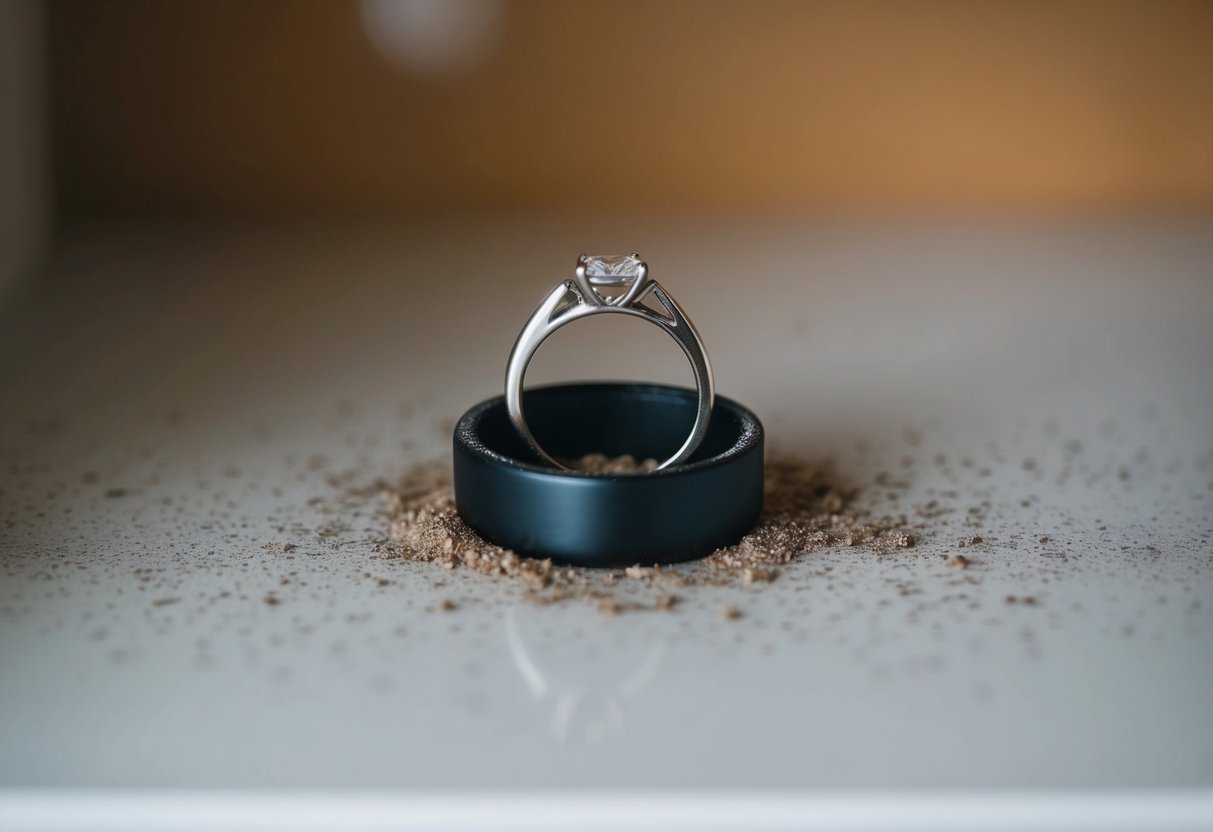 A ring sitting untouched on a shelf, covered in dust