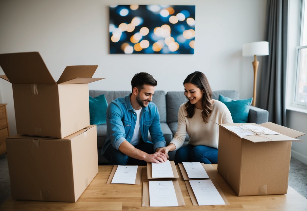 A couple unpacking boxes in a cozy apartment, setting up their shared space with wedding invitations on the table
