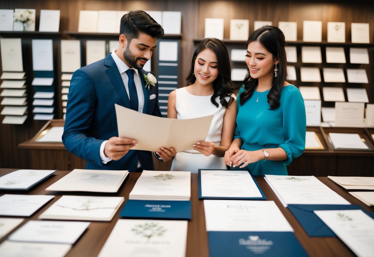 A couple browsing through a variety of wedding invitation designs at a stationery store, discussing the different options and making a final selection