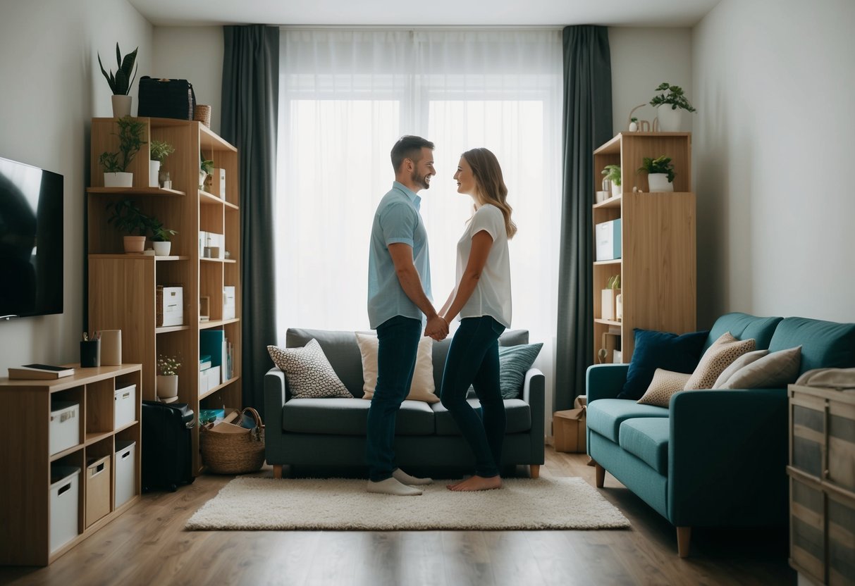 A couple's belongings overlap in a shared space, symbolizing premarital cohabitation