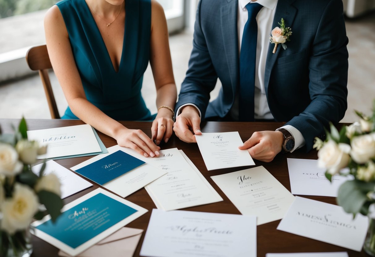 A couple sits at a table, surrounded by wedding stationery samples. They discuss and compare different designs, colors, and fonts for their invitations