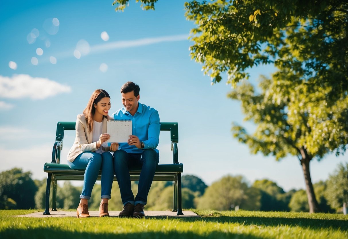 A couple sitting on a park bench, looking at a calendar and discussing their future. They are surrounded by trees and a clear blue sky