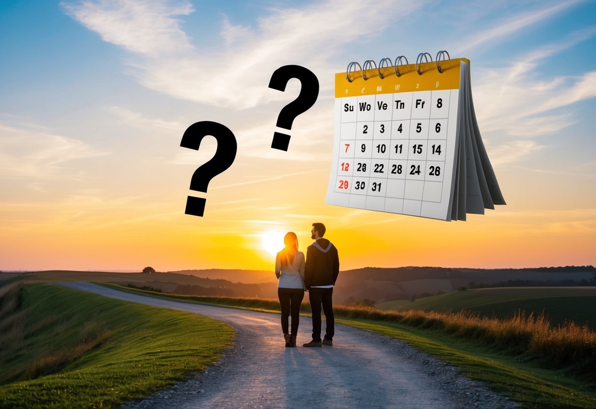 A couple stands on a winding path, gazing at a sunset. A calendar with question marks hangs in the sky, symbolizing the uncertainty of timing for engagement