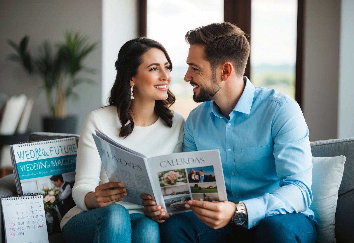 A couple sits together, surrounded by wedding magazines and a calendar, discussing their future