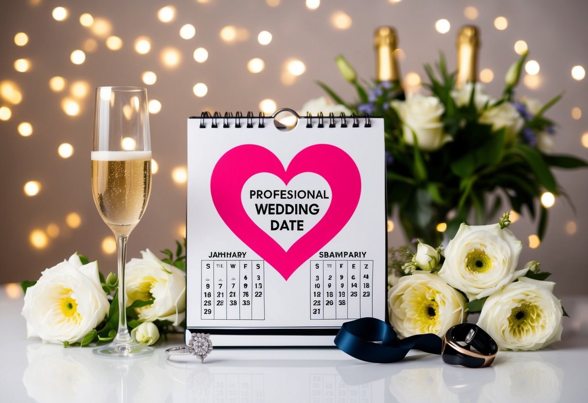 A calendar with a heart-shaped wedding date circled, surrounded by engagement ring, flowers, and champagne