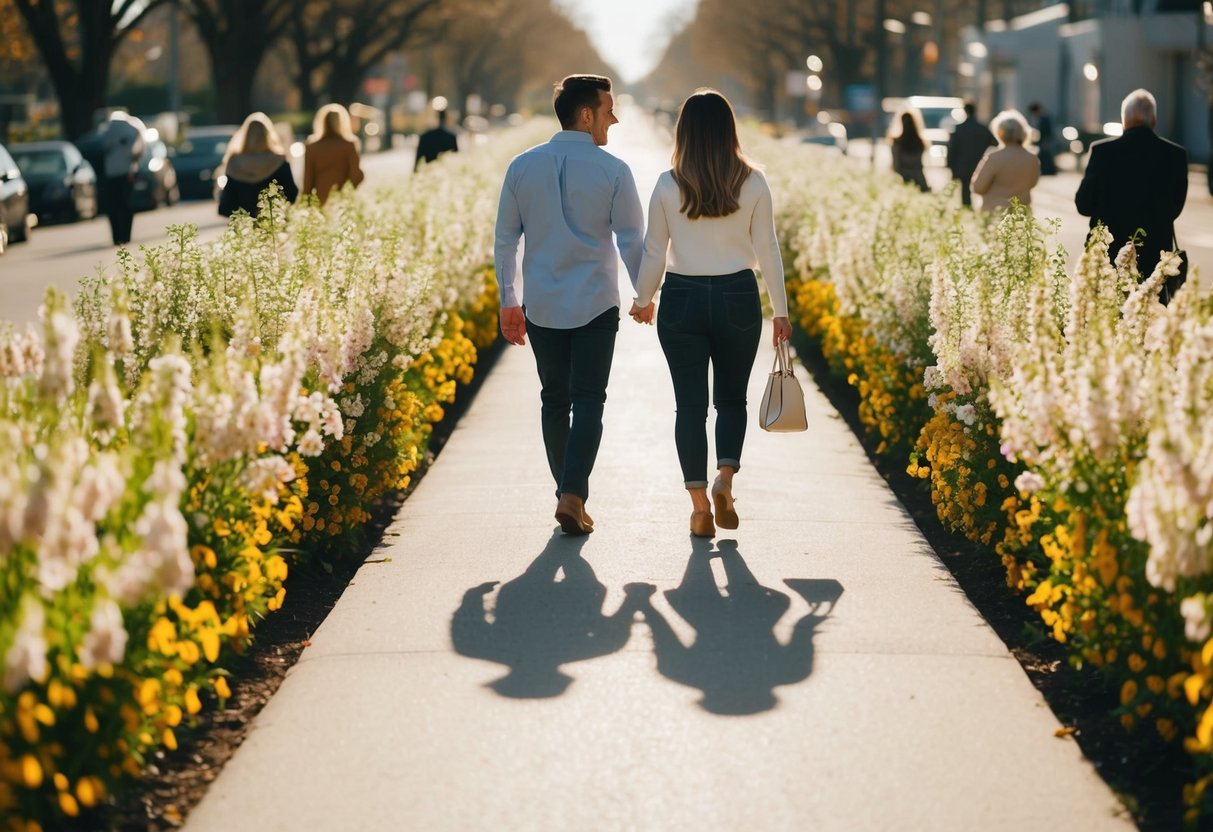 A couple walking down a sunlit path lined with blooming flowers, their shadows stretching out behind them