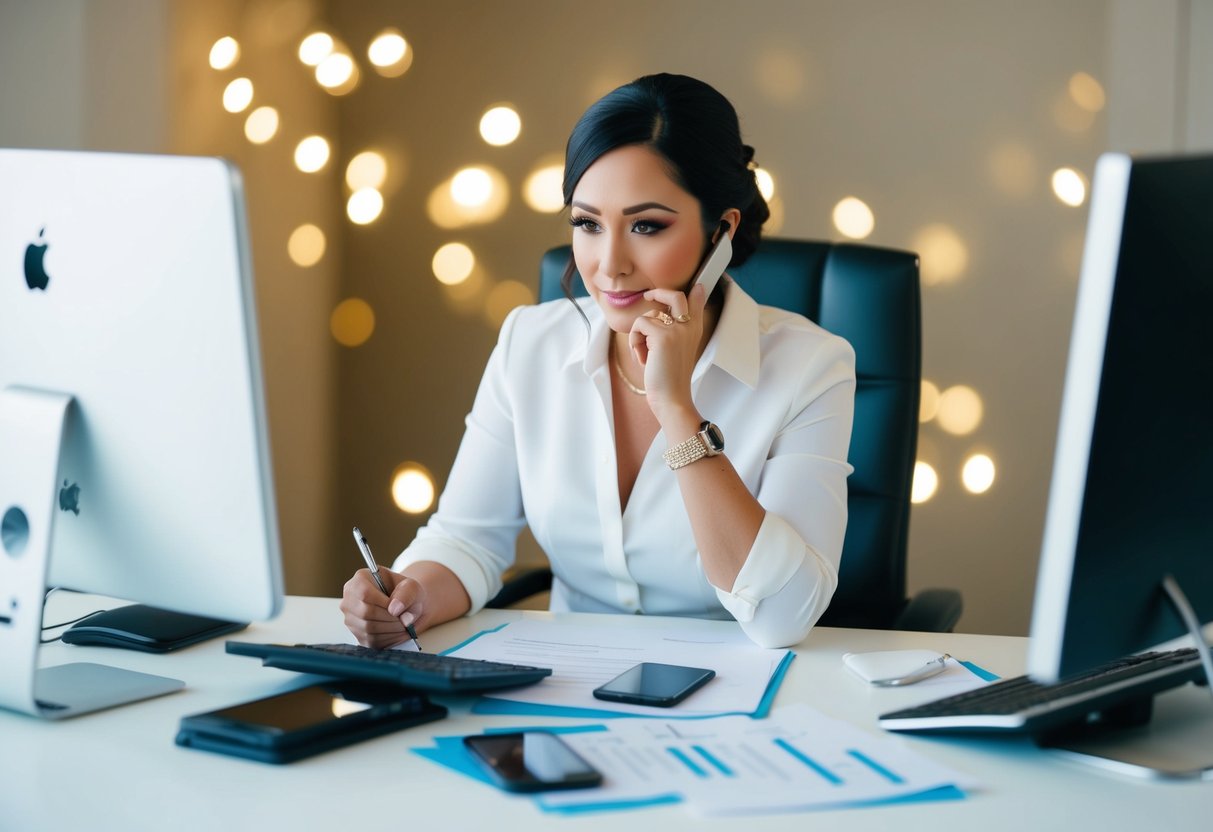 A wedding planner sitting at a desk, surrounded by a computer, phone, and paperwork. They are deep in thought, calculating costs and making notes