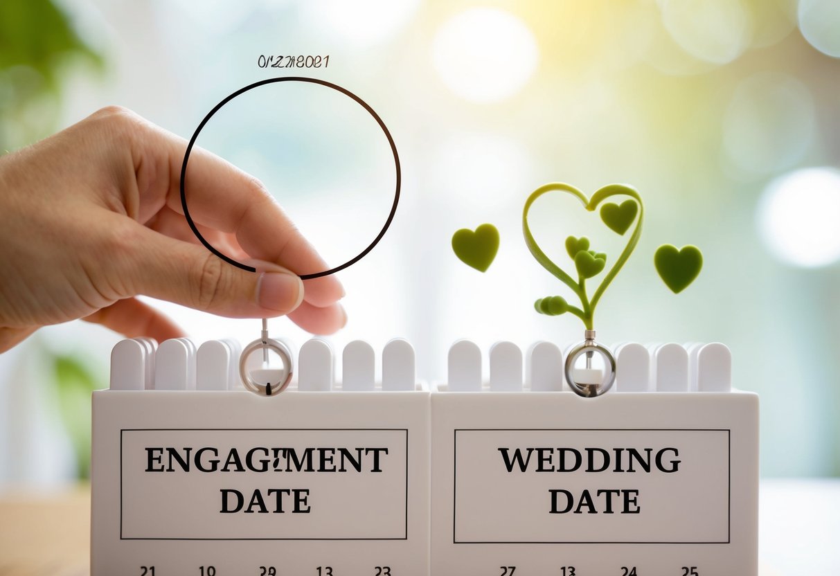 A calendar with a circle around the engagement date and a heart around the wedding date, with a clear progression of time between the two events